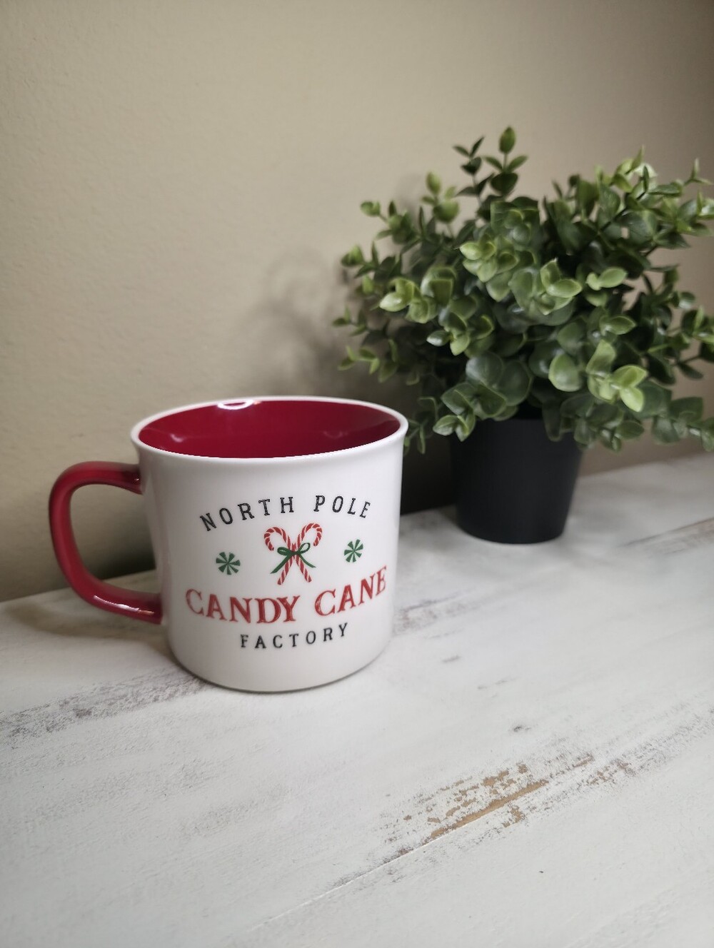 Candy Cane Factory North Pole Ceramic Holiday Mug - Red & White